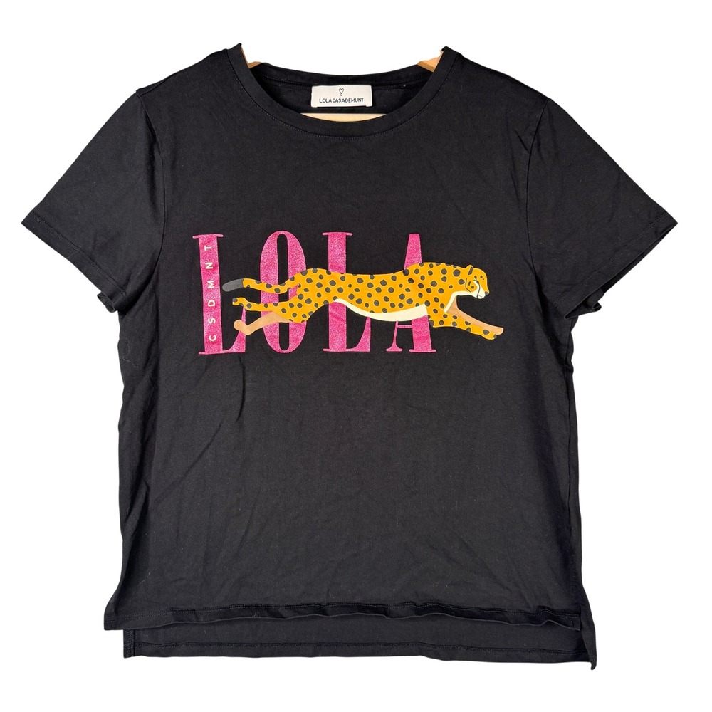 Lola Casademunt Black Cotton Cheetah Graphic Glitter Logo T-Shirt Size M